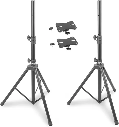 Pyle Conjunto de 2 soportes universales para altavoces - Juego de trípode ajustable y duradero con pin de seguridad de bloqueo, altura telescópica