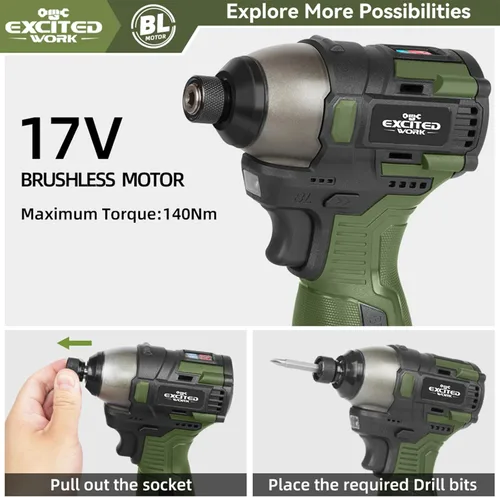 Miniatura 2 de Juego de destornilladores sin escobillas de 17 V, destornillador de impacto inalámbrico de 140 Nm y taladro eléctrico de 55 Nm con 3 velocidades