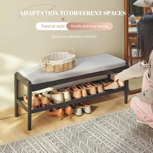 Miniatura 5 de Banco de zapatos de entrada de bambú de 2 niveles con cojín de asiento acolchado, banco de zapatos, organizador estable para entrada, pasillo, sala