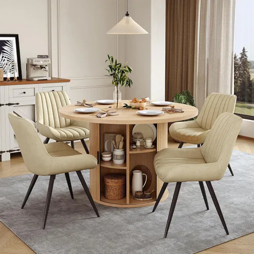 Miniatura 48 de Miereirl Juego de mesa y sillas de comedor moderno redondo, con una mesa de comedor de madera equipada con compartimentos de almacenamiento