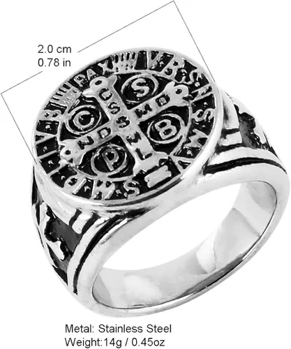 Miniatura 2 de HZMAN Anillo de exorcismo de San Benito para hombres y mujeres plata de acero inoxidable cruz católica romana protección de demonios cazador