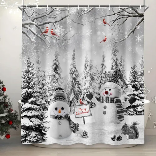 Miniatura 12 de Cortina de ducha de muñeco de nieve de Navidad, bola de Navidad roja, bonita cortina de ducha de muñeco de nieve de invierno, decoración navideña