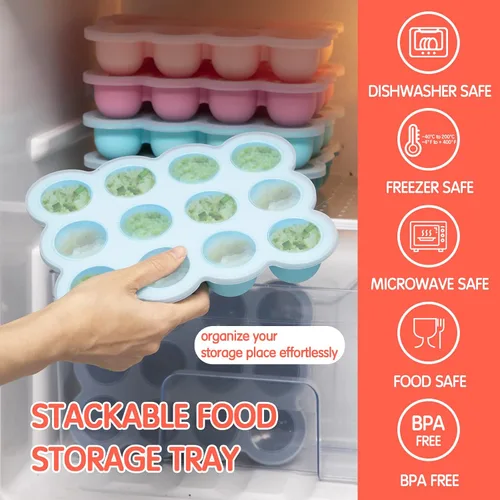 Miniatura 6 de Bandeja congelador de alimentos para bebés de 6 x 3 onzas con clip en la tapa, verde brillante, moldes para congelador a prueba de fugas, contenedor