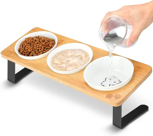 3 cuencos elevados para gatos inclinados antivómitos de cerámica elevados para alimentos y agua, platos para gatos de interior con soporte