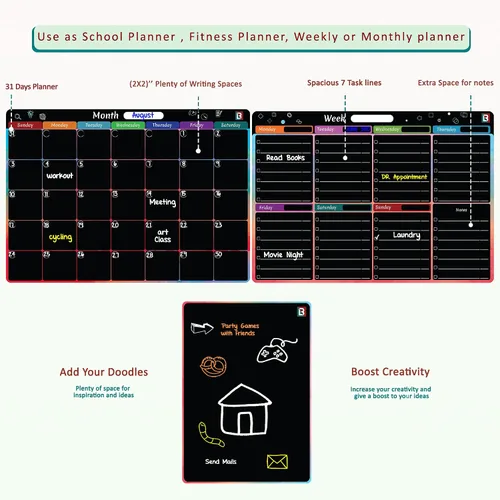 Miniatura 5 de Juego de 3 pizarras de borrado en seco para refrigerador, 1 calendario mensual de borrado en seco, 1 calendario semanal de pizarra magnética