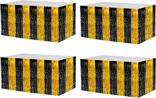 Paquete de 4 faldas de mesa de oropel con flecos metálicos de 29 x 108 pulgadas para mesas rectangulares, telón de fondo de serpentinas para bodas,
