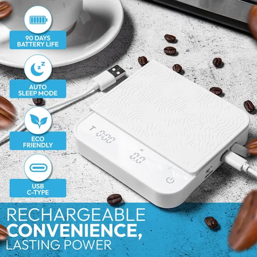Miniatura 7 de Mini báscula de café con temporizador – Báscula de peso digital para barista con tapete de ajuste de diseño, precisión de 0.1g, portátil y Blanco