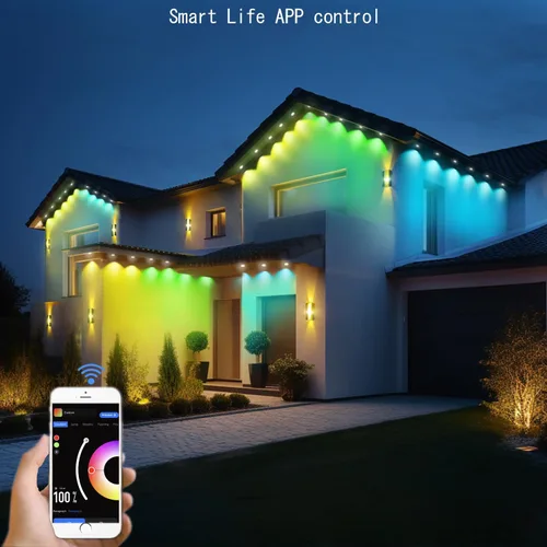 Miniatura 9 de Rosykite Luces de Navidad al Aire Libre - 50 pies de luces inteligentes RGB+IC para canalones con 63 escenas, impermeables IP67, control de voz