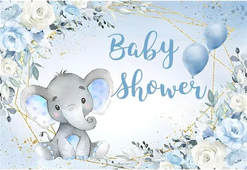 Telón de fondo de elefante de 5 x 4 pies para baby shower, fondo de flores azules para fotografía, revelación de género, cartel de fiesta de niño