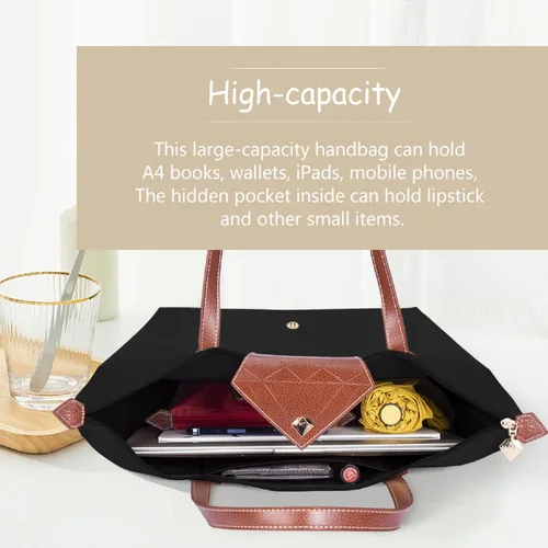 Miniatura 4 de Bolso de mano para mujer, bolso de hombro de nailon ligero grande y bolso de trabajo de viaje, plegable con asa superior con cremallera