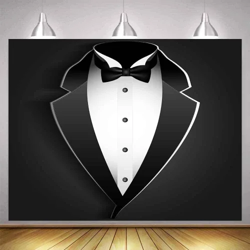Miniatura 11 de BJRLEM998 - Telón de fondo de esmoquin negro de 3 x 5 pies para hombre, traje de pajarita en blanco y negro, traje de lujo, cumpleaños, cena