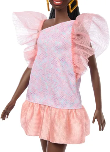 Miniatura 5 de Muñeca Barbie Fashionistas #216 con cuerpo alto y cabello negro en moño bajo en vestido de fiesta rosa y melocotón, juguete coleccionable del 65