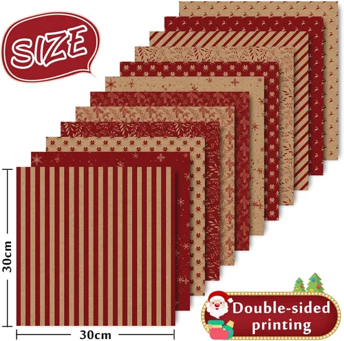 Miniatura 2 de Whaline Paquete de 24 papeles de patrón navideño, papel rústico de recortes de Navidad, 12 diseños de papel kraft rojo de doble cara