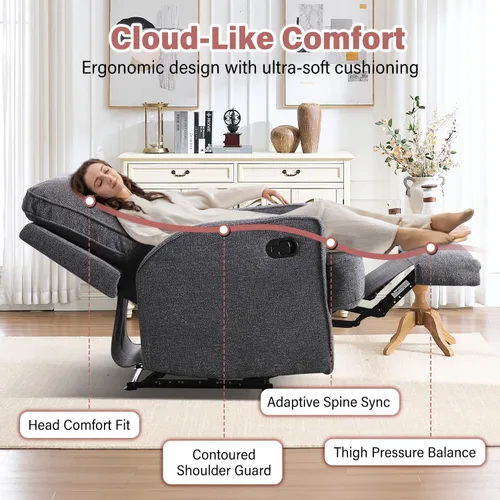 Miniatura 5 de INZOY Sillón reclinable manual con respaldo más grueso, sillón manual de tela suave con cojín acolchado, sofá reclinable resistente para sala de Gris