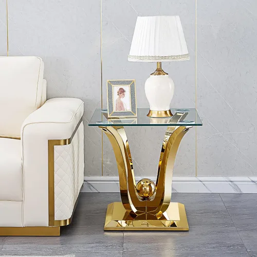 Miniatura 201 de Mesa de centro de cristal de lujo, mesa de centro de sofá de 47 pulgadas con marco de acero inoxidable dorado y parte superior de vidrio negro, mesa