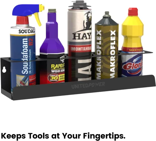 Miniatura 8 de UNITEDPOWER Soporte para 5 latas de aerosol, estante de almacenamiento de botellas de pintura, estante de montaje en pared de acero, organizador