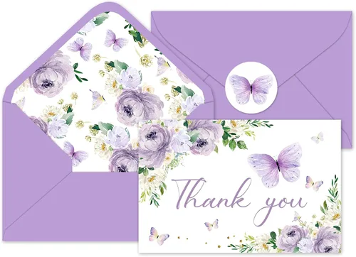 Whaline 24 tarjetas de agradecimiento de mariposa floral, tarjetas de felicitación de flores moradas con etiqueta sobre de acuarela de primavera,