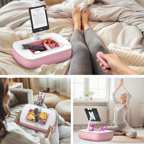 Miniatura 4 de ERGONOV Soporte de almohada para tableta para uso regazo, cuenco de aperitivos y brazo giratorio de 360°, soporte ajustable para iPad para cama, Rosa