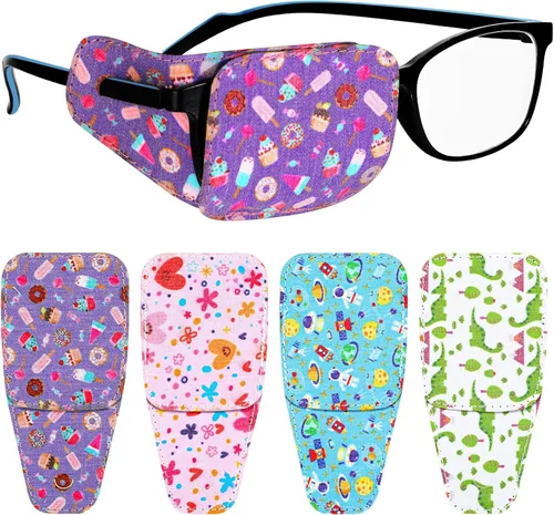 Haysandy 4 parches para ojos para niños, reutilizables, para gafas para cubrir cualquier ojo, rosa, azul, verde y blanco, 4 estilos (helado de