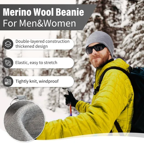 Miniatura 4 de Merino Protect 100% Merino Wool Beanie for Men Women Winter Warm Double-Layered Cuffed Hats Knit Soft Cap Skiing Skating