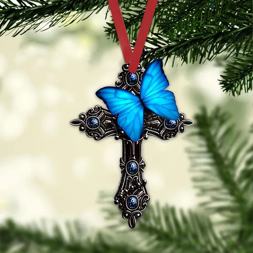 Miniatura 6 de Talataca Mariposa azul, orar por Dios Jesús CROS cristiano 2D espejo retrovisor plano coche accesorios de árbol de Navidad decoración colgante
