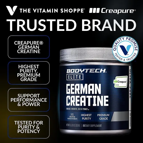 Miniatura 2 de BodyTech Elite Creatina alemana con Creapure®, monohidrato de creatina en polvo para fuerza, tamaño y potencia, 0.18 oz por porción, sin sabor, sin