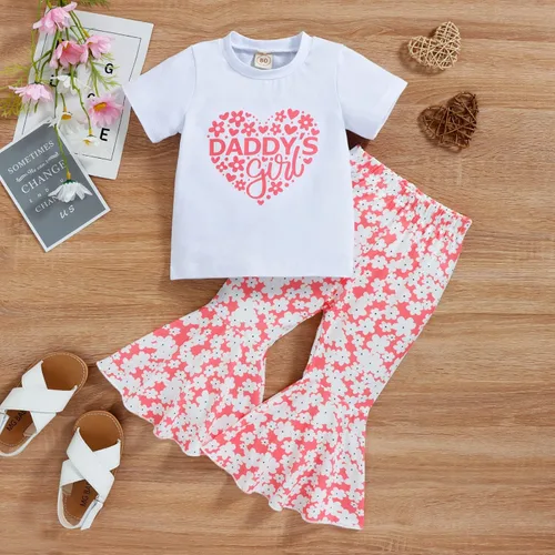 Miniatura 2 de Toddler Girls Valentine's Day Short Sleeve Letter T Shirt Pullover Tops Bell Bottoms Pants Kids Infant Girl