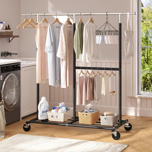 Miniatura 6 de Raybee Perchero para Ropa Resistente 200+LBS, Percheros para Colgar Ropa, Perchero de Metal con Ruedas, Perchero Comercial para Prendas Rodante Negro