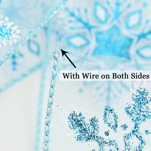 Miniatura 3 de HUIHUANG Cinta con alambre con purpurina de copo de nieve, cinta de copo de nieve azul y blanca para árbol de Navidad, 2-1/2 pulgadas x 25 yardas