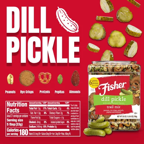 Miniatura 2 de Fisher Dill Pickle Trail Mix, 25 onzas (paquete de 1), tarro resellable, cacahuetes, patatas fritas de centeno, pretzels, pepitas y almendras
