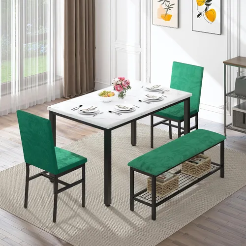 Miniatura 9 de YOFE Juego de mesa de comedor para 4, mesa de cocina de mármol sintético, juego de sillas de mesa de cocina con sillas de terciopelo, banco con red