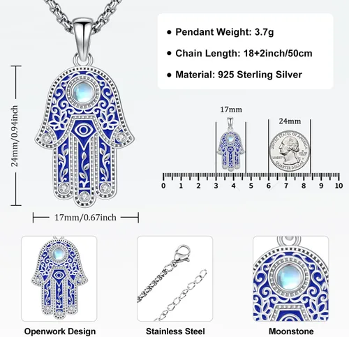 Miniatura 124 de Aniu Joyería de plata de ley 925 Hamsa de Fátima para mujer con circonita cúbica, viene con caja de regalo negra