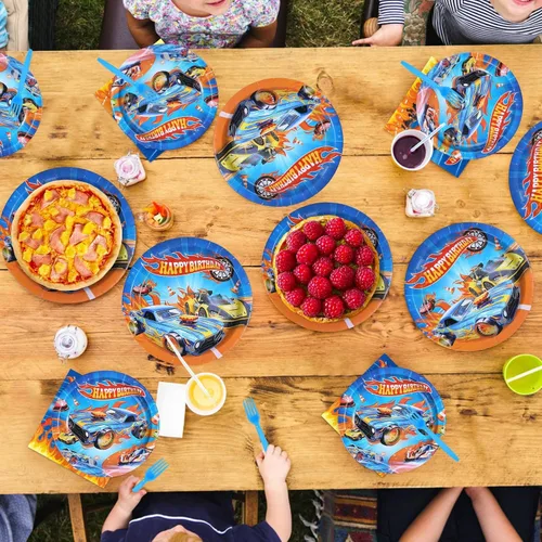 Miniatura 6 de 200 piezas de decoración de cumpleaños de autos de carreras para niños, platos y servilletas de fiesta de autos calientes, juegos de vajilla