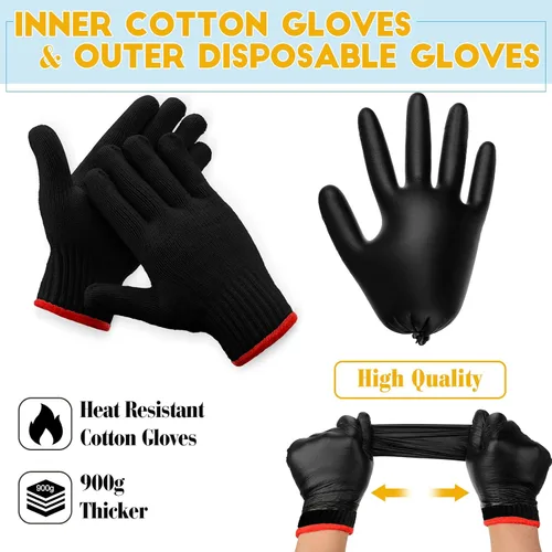 Miniatura 2 de Janmercy 200 guantes desechables de nitrilo para barbacoa con 4 pares de forros de algodón, guantes de limpieza para asar a la parrilla, para carne