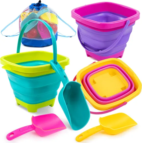 Miniatura 8 de Sloosh Paquete de 3 juguetes plegables de arena, cubo cuadrado plegable de silicona para playa con 3 palas para jugar en caja de arena, fiesta