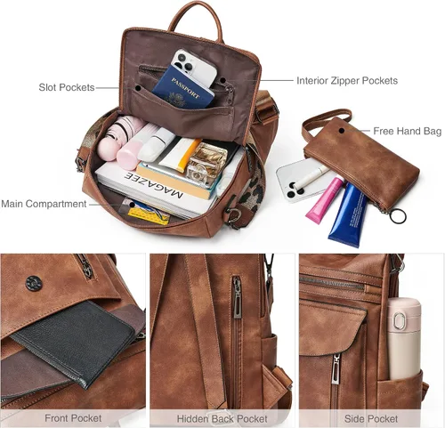 Miniatura 4 de Shrrie - Mochila de cuero para mujer, bolso de moda, mochila de cuero para mujer, mochila de viaje de diseñador, bolso de hombro convertible