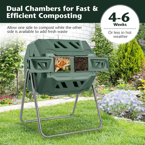 Miniatura 3 de Goplus Contenedor de compostaje de doble cámara para exteriores de 42 galones con 2 puertas corredizas, marco de metal resistente, compostador