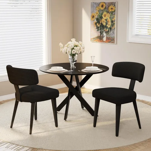 Juego de mesa de comedor de madera para 2, mesa de cocina redonda de 36 pulgadas con 2 sillas de comedor Boucle, mesa de MDF con patas de metal,