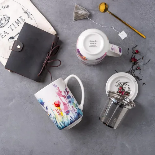 Miniatura 5 de Taza de Té de Porcelana AmorArc con Infusor y Tapas, Taza Grande de 18 Oz con Filtro con Soporte para Bolsa de Té de Hojas Sueltas, Taza para Salvia