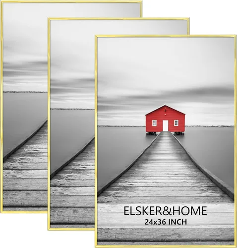 ELSKER&HOME 24x36 Marco de Póster 3 Pack, Marco de Fotos Dorado para Montaje en Pared Horizontal o Vertical, Resistente y a Prueba de Arañazos