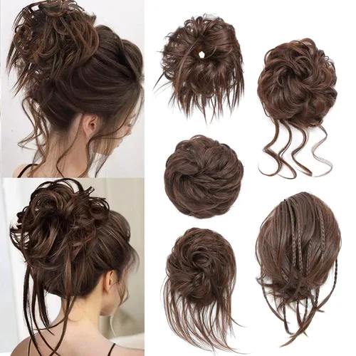 Miniatura 21 de 5 piezas de extensiones de cabello para moños desordenados con banda elástica de goma para mujeres, extensiones de cola de caballo con horquillas