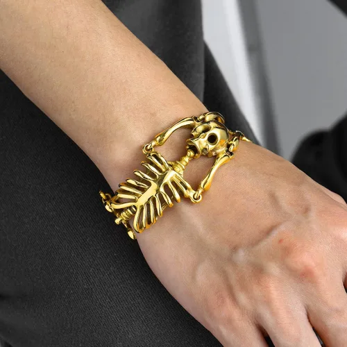 Miniatura 4 de U7 Pulseras góticas de calavera para hombres y mujeres, acero inoxidable, chapado en oro de 18 quilates, plata, negro, punk, esqueleto punk