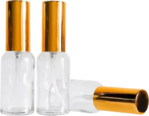 Miniatura 5 de Paquete de 12 botellas de vidrio transparente de 1 onza para aceites esenciales, botella de spray pequeña, aerosol de niebla fina, rociador dorado