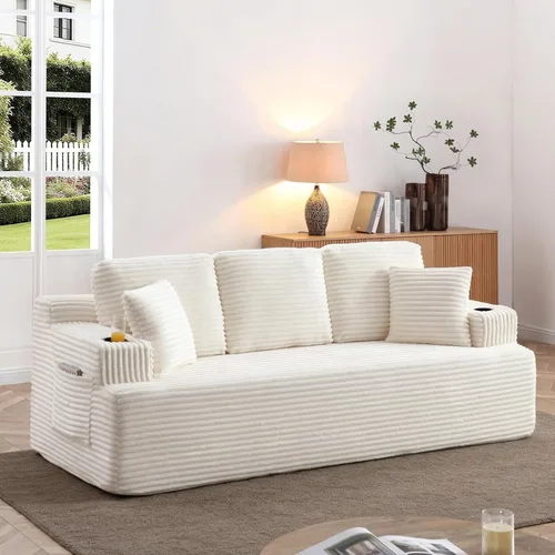 Miniatura 12 de Sofá sin hueso de 66.5 pulgadas con portavasos y bolsillos laterales, sofá biplaza tapizado de tela de pana moderna con 2 almohadas para sala