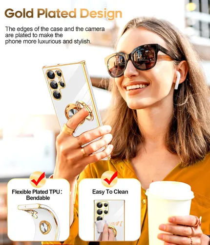 Miniatura 6 de LeYi Funda para Samsung Galaxy S22 Ultra con Soporte de Anillo Giratorio de 360°, Soporte Magnético con Patilla, Borde Protector Chapado en Oro Rosa