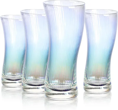 Joeyan Vasos de cóctel de jugo de agua, cristalería estilo origami, vaso alto ondulado, moderno vaso de vidrio acanalado para té helado, café,