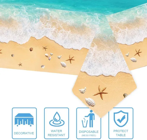 Miniatura 2 de AIBIIN 3 manteles temáticos de playa de verano, decoración de fiesta de piscina con olas del océano, mantel de plástico con estampado de agua