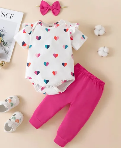 Miniatura 2 de Fullfamous Conjunto de mameluco y pantalón de manga larga con volantes para niña de 3 piezas