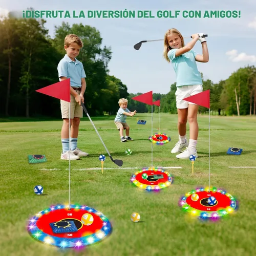 Miniatura 6 de TERRAMUS Juego de golf y lanzamiento que brilla en la oscuridad, juego de objetivos LED 2 en 1 con 2 palos, 18 bolas, 6 bolsas de frijoles, juguete