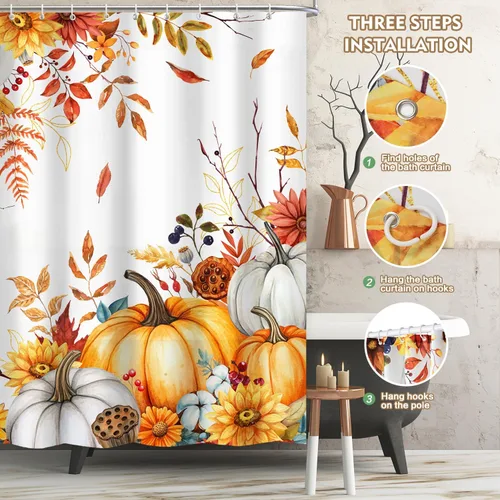 Miniatura 8 de Lokigo Cortina de ducha de calabaza de otoño, cortina de ducha de cosecha de Acción de Gracias de otoño, acuarela floral, calabaza boho